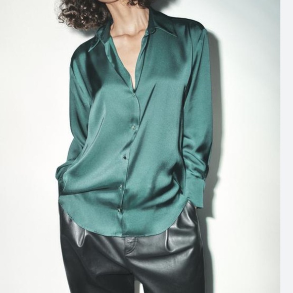 Zara Tops - [US XL]Zara Green Satin Viscose Button Up Shirt NWOT